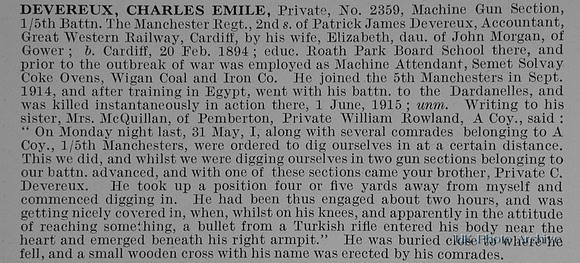 Devereux C E Pte 5th Manchester Regiment Obit