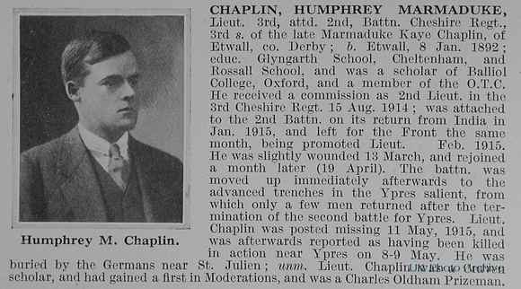 Chaplin H M Lt 2nd Cheshire Regiment Obit