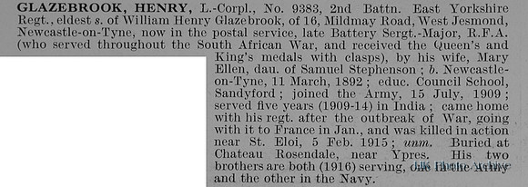 Glazebrook H L/Cpl 9383 2nd East Yorkshire Regiment Obit