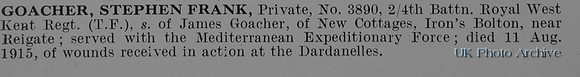 Goacher S F Pte 3890 4th Royal West Kent Regiment Obit
