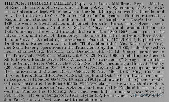 Hilton H P Captain 3rd Middlesex Regiment Obit