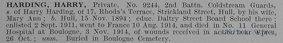 Harding H Pte 9244 2nd Coldstream Guards Obit