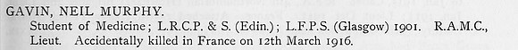 Gavin N M Lt Royal Army Medical Corps Obit