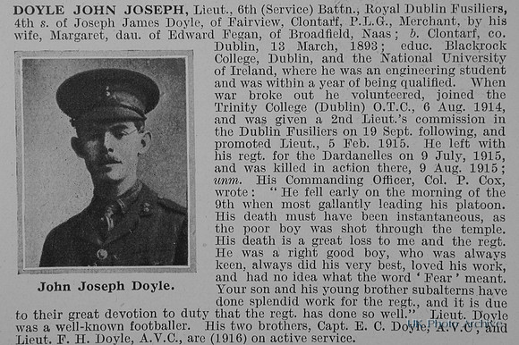 Doyle J J Lt 6th Royal Dublin Fusiliers Obit