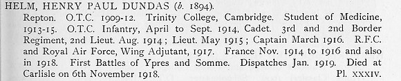 Helm H P D Captain Royal Flying Corps Obit