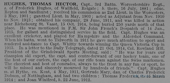 Hughes T H Captain 3rd Worcestershire Regiment Obit
