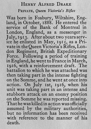 Drake H A Pte 4720 9th London Regiment Obit Bank Of Montreal Memorial Of The Great War