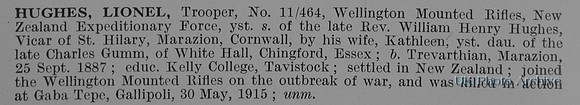 Hughes L Tpr 11/464 Wellington Mounted Rifles NZEF Obit