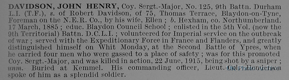 Davidson J H Coy Sergt Maj 125 9th Durham Light Infantry Obit
