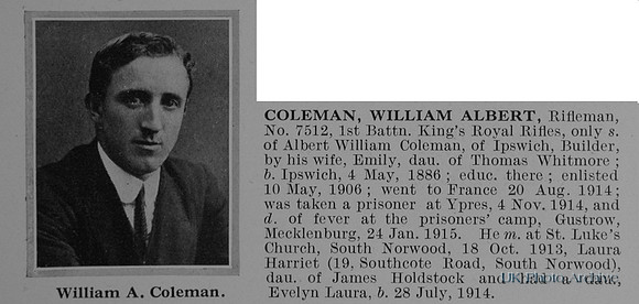 Coleman W A Rfn 7512 1st Kings Royal Rifle Corps Obit
