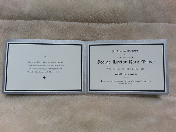 Memorial Card George Hector York Mayer Died 1928 Aged 19 Croydon Cemetery