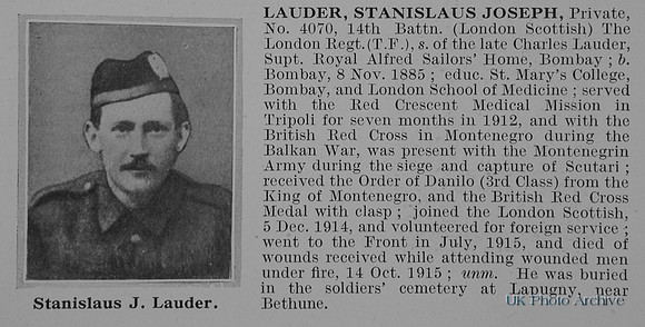 Lauder S J Pte 4070 14th London Regiment Obit