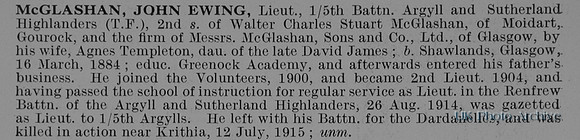 McGlashan J E Lt 5th Argyll And Sutherland Highlanders Obit