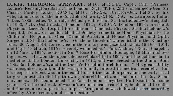Lukis T S Captain 13th London Regiment Obit