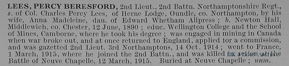 Lees P B 2nd Lt 2nd Northamptonshire Regiment Obit