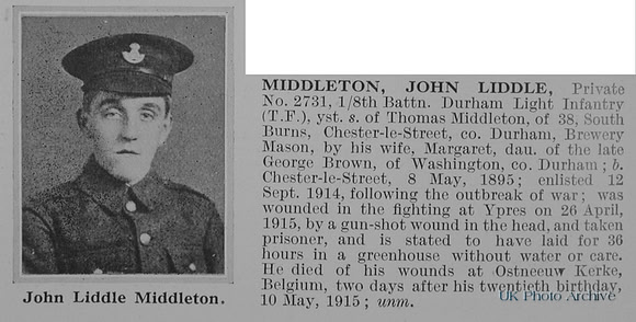 Middleton J L Pte 2731 8th Durham Light Infantry Obit