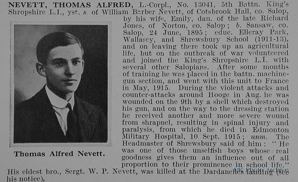 Nevett T A L/Cpl 13041 5th Kings Shropshire Light Infantry Obit