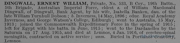 Dingwall E W Pte 533 19th Australian Imperial Force Obit