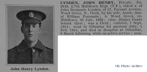 Lynden J H Pte 2848 7th Middlesex Regiment Obit