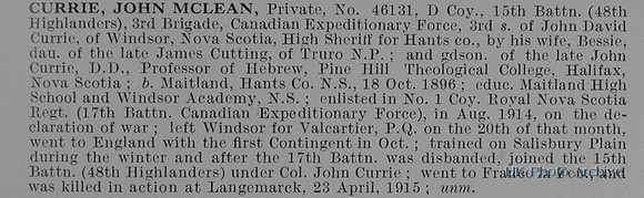 Currie J M Pte 46131 15th Canadian Expeditionary Force Obit