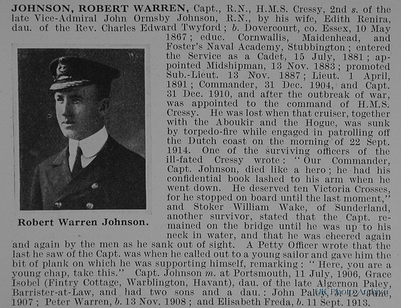 Johnson R W Captain HMS Cressy Royal Navy Obit
