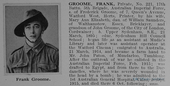 Groome F Pte 221 17th Australian Imperial Force Obit