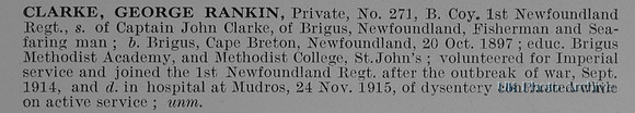 Clarke G R Pte 271 1st Newfoundland Regiment Obit