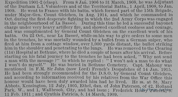Mahony F H Captain 1st Cheshire Regiment Obit Part 2