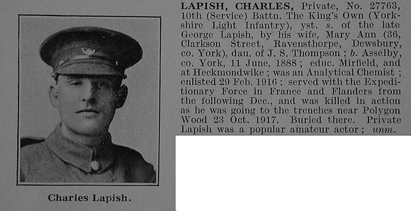 Lapish C Pte 10th King's Own Yorkshire Light Infantry Obit De Ruvignys Roll Of Honour Vol 3