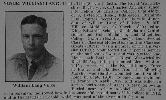 Vince W L Lt 14th Royal Warwickshire Regiment Obit De Ruvignys Roll Of Honour Vol 3