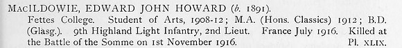 MacIldowie E J H 2nd Lt 9th Highland Light Infantry Obit