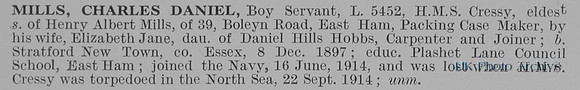 Mills C D Boy Servant L-5452 HMS Cressy Royal Navy Obit