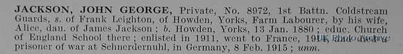 Jackson J G Pte 8972 1st Coldstream Guards Obit