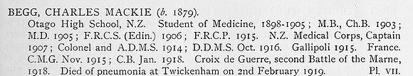 Begg C M Col Croix De Guerre NZ Medical Corps Obit