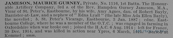 Jameson M G Pte 1116 1st Honourable Artillery Company Obit