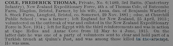 Cole F T Pte 6-1489 3rd Canterbury Infantry NZEF Obit