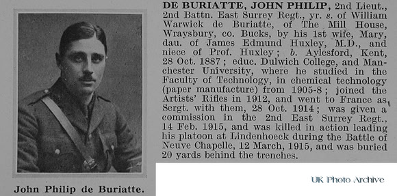 De Buriatte J P 2nd Lt 2nd East Surrey Regiment Obit