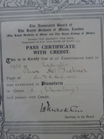 Framed Pianoforte Certificate Pass With Credit 1938 Olive M Tickner