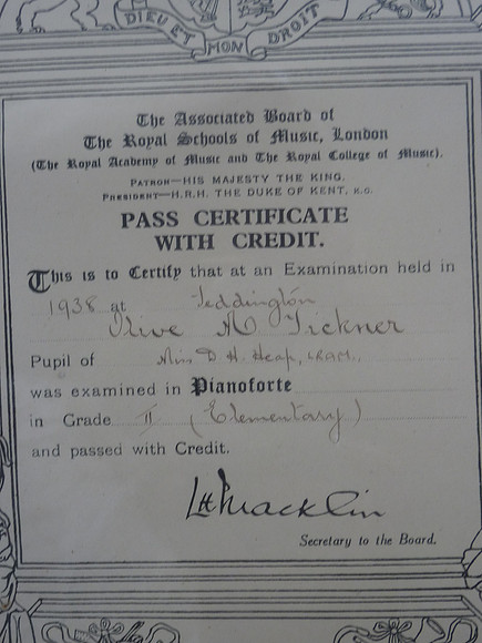 Framed Pianoforte Certificate Pass With Credit 1938 Olive M Tickner
