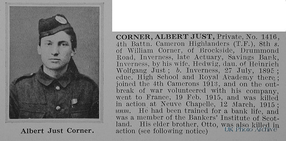 Corner A J Pte 1416 4th Cameron Highlanders Obit