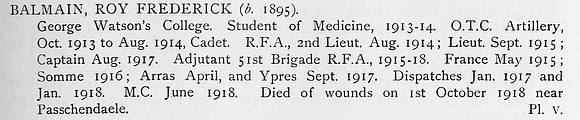 Balmain R F Captain MC Royal Field Artillery Obit