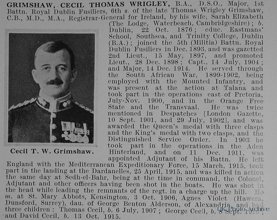 Grimshaw C T W Major DSO 1st Royal Dublin Fusiliers Obit