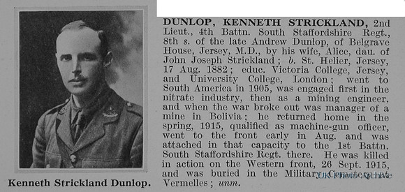 Dunlop K S 2nd Lt 4th South Staffs Regiment Obit