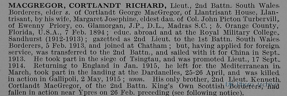 MacGregor C R Lt 2nd South Wales Borderers Obit