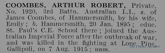 Coombes A R Pte 1920 3rd Australian Light Infantry Obit
