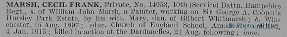 Marsh C F Pte 14953 10th Hampshire Regiment Obit