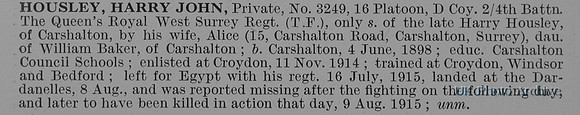 Housley H J Pte 3249 4th Royal West Surrey Regiment Obit
