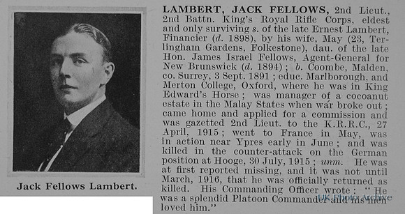 Lambert J F 2nd Lt 2nd Kings Royal Rifle Corps Obit