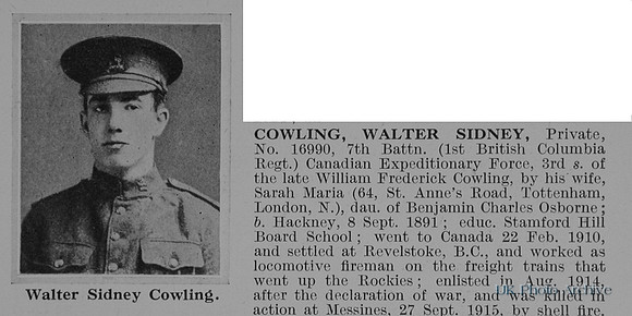 Cowling W S Pte 16990 7th Canadian Expeditionary Force Obit
