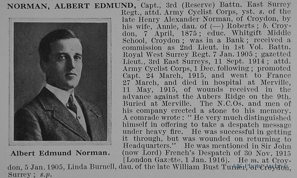 Norman A E Captain 3rd East Surrey Regiment Attd Army Cyclist Corps Obit